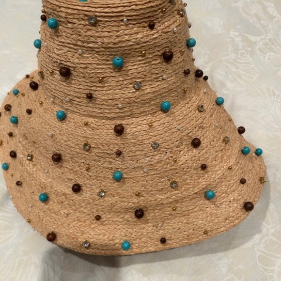 NWT Lele Sadoughi Turquoise Embellished Straw Sun Hat Natural One Size